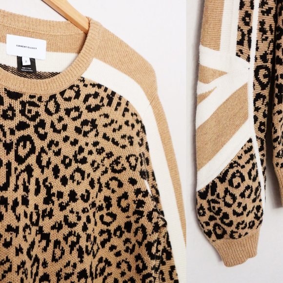 Current Elliott Duvall Leopard Animal Print Sweater 2 M Camel Black Cotton $328 - Picture 9 of 14